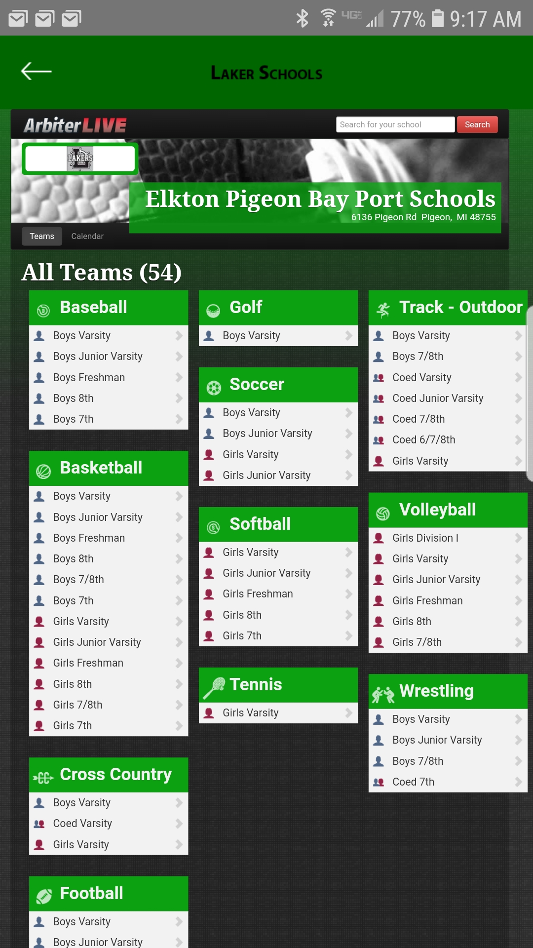 Laker school app sports page